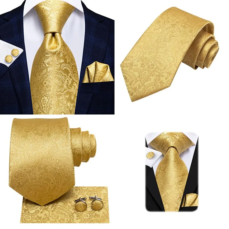 

Mens Plaid Ties Classic Paisley Necktie with Handkerchief Cufflinks Set Business Stripe Tie, Gold