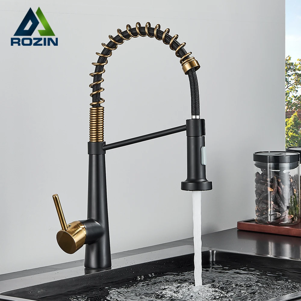 Rozin Black Gold Luxury Gourmet Kitchen Faucet Deck Mounted Sink Extendable Flexible Mixer Tap with 2 in 1 Pull Down Sprayer