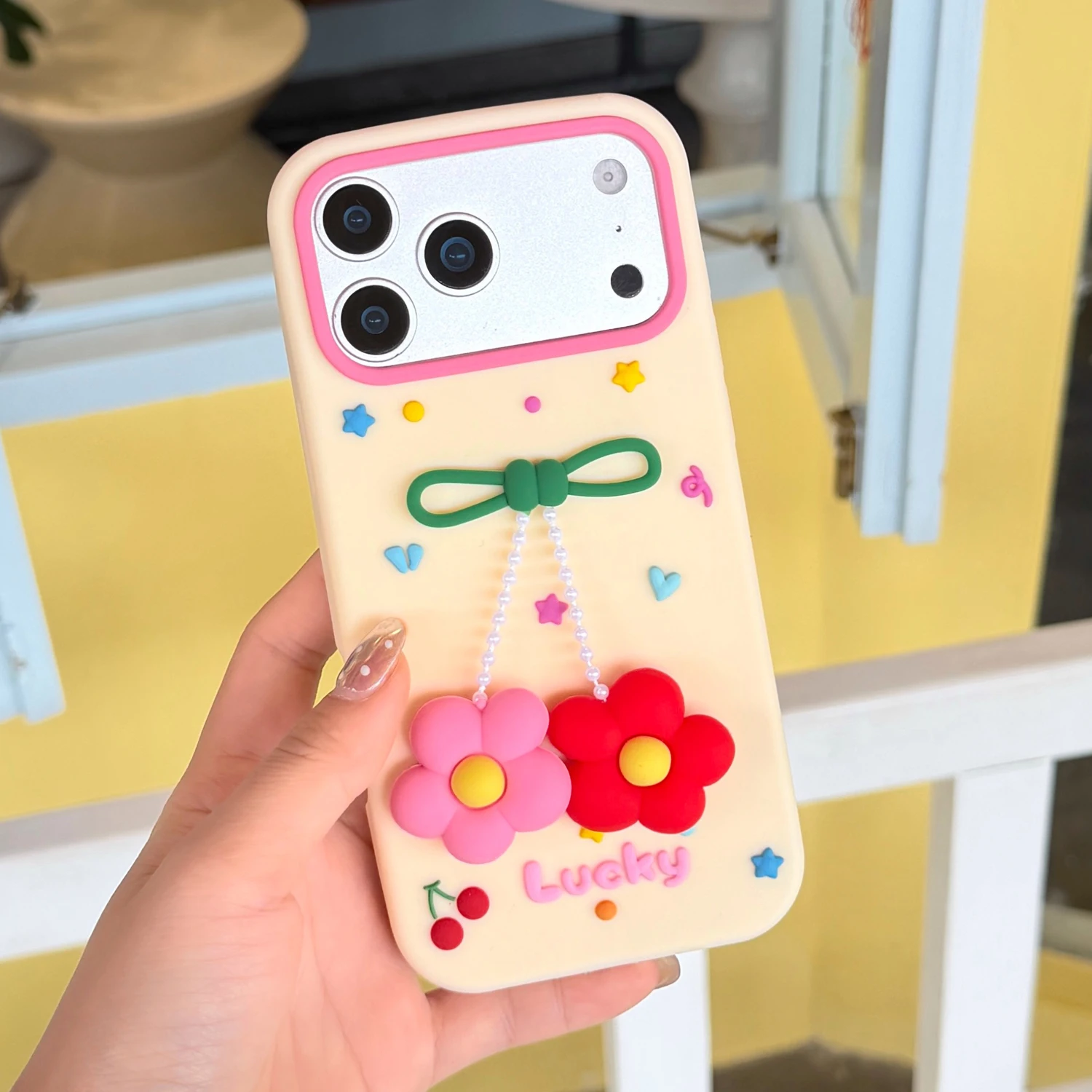 

3D Cute Flower Bow Phone Case for iPhone 17 Pro Max 16 15 14 13 12,Soft Silicone Shockproof Protect Cover with Luck Cherry Star