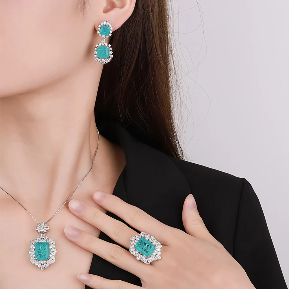 2023 New Arrival Paraiba Tourmaline Necklace Pendant Ring Earrings Lab Diamond Women\'s Luxury Wedding Party Fine Jewelry Sets
