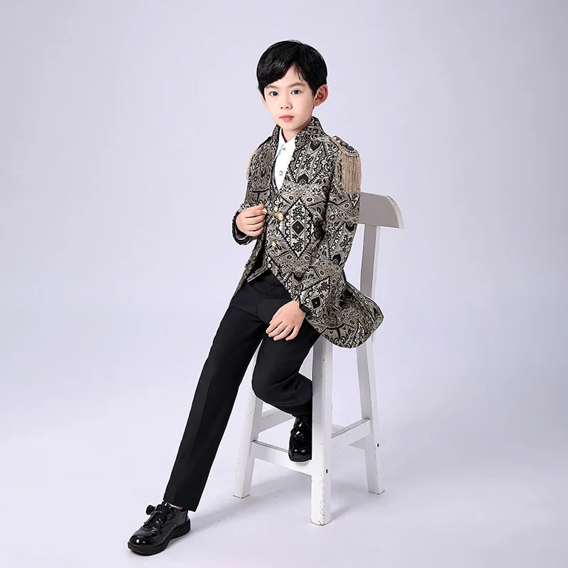 Boys European Style Court Drama Costume Children Golden Flower Stage Prince Charming Performance Clothing Set Kids Blazer Pants