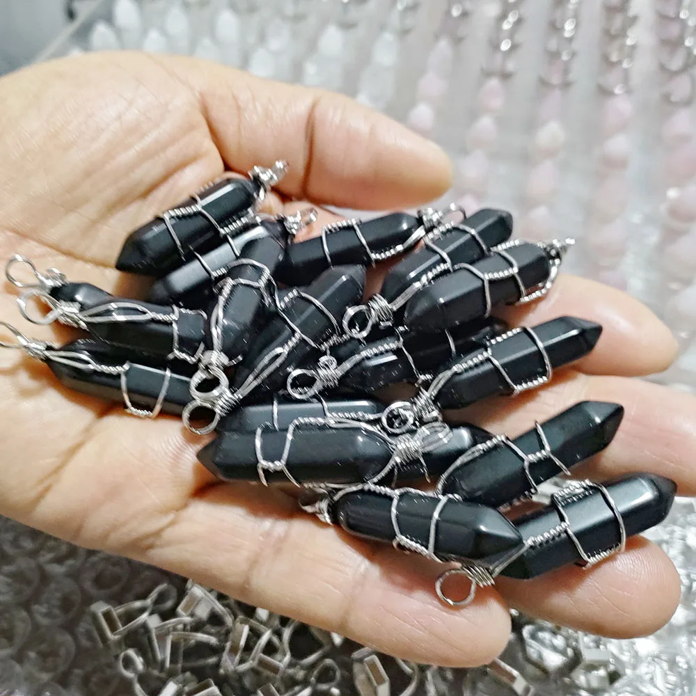 

Wholesale 20pcs/lot natural stone Obsidian pillar shape point handmade iron wire pendants for jewelry making free shipping