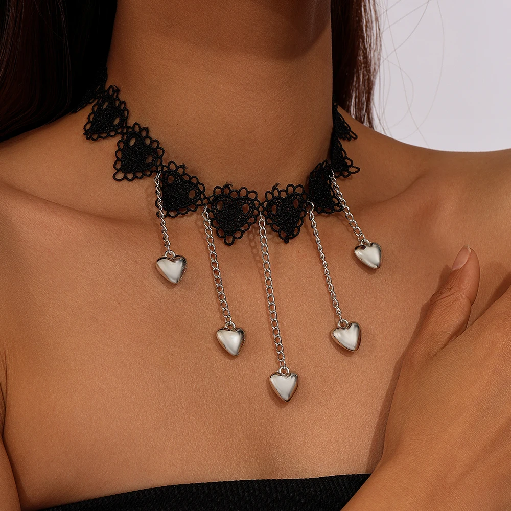 Aihua Gotische Viktorianische Schwarze Spitzenkette für Frauen Lange Quasten-Herz Sexy Spitzen-Choker Halskette Steampunk Kragen-Schmuck – Detail 1