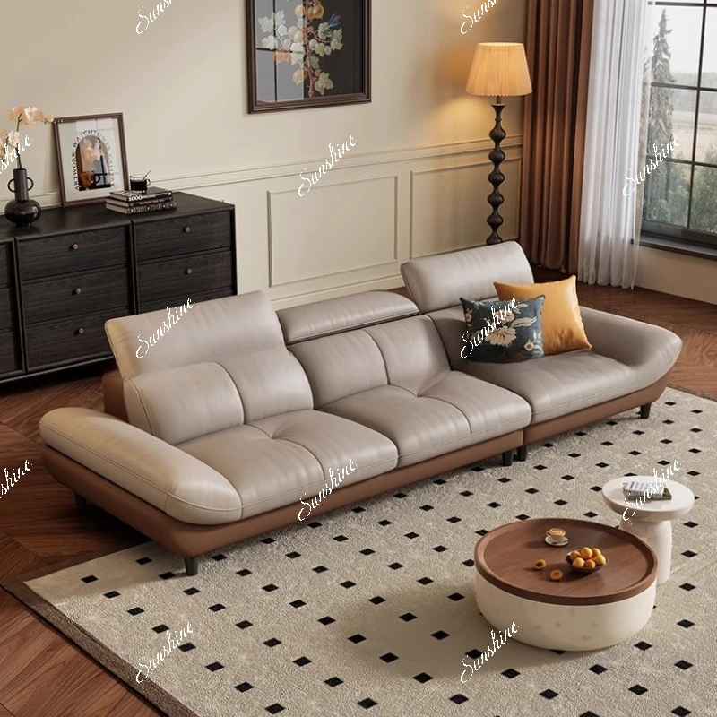 

Leather sofa, Italian minimalist light luxury living room, small apartment sailboat, adjustable headrest