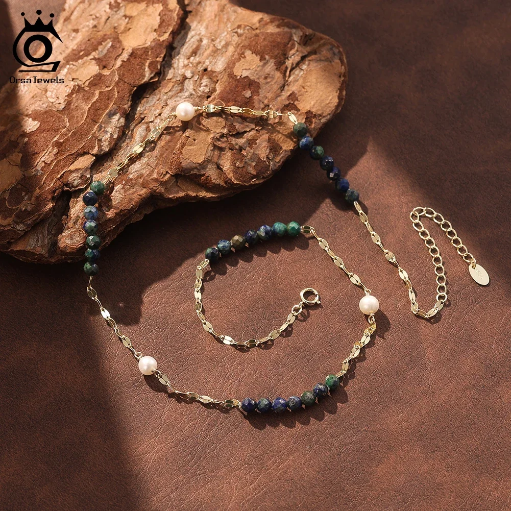 

ORSA JEWELS S925 Silver Natural Lapis Lazuli Stone Necklace with Pearls for Women Birthday Gift Summer Gemstone Jewelry MPN15