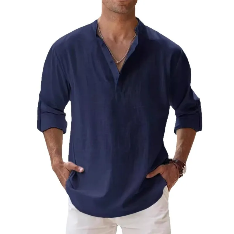 Men Cotton Henley Shirt Stand Collar Long Sleeve Roll Up Sleeve Loose Fit Casual Tops For Daily Commute Spring Summer