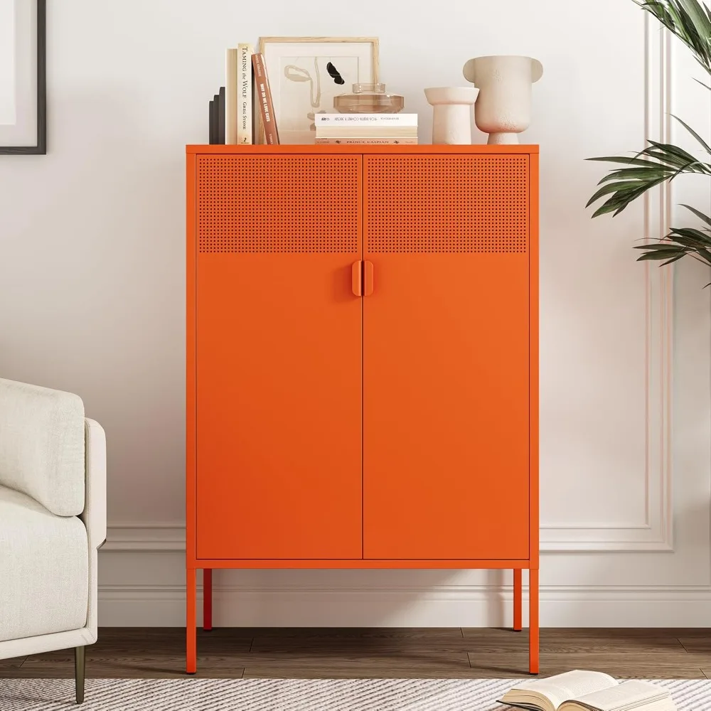Kitchen Storage Cabinet with Doors, Adjustable Shelves Buffet Cabinet, Orange Color Pantry Storage