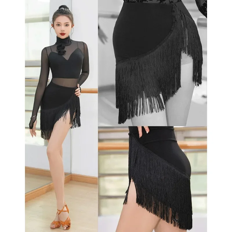 Customized ZYM Same Half Length Skirt with Dense Tassels Irregular Latin Dance Skirt Female Adult High End with Bottom Pants