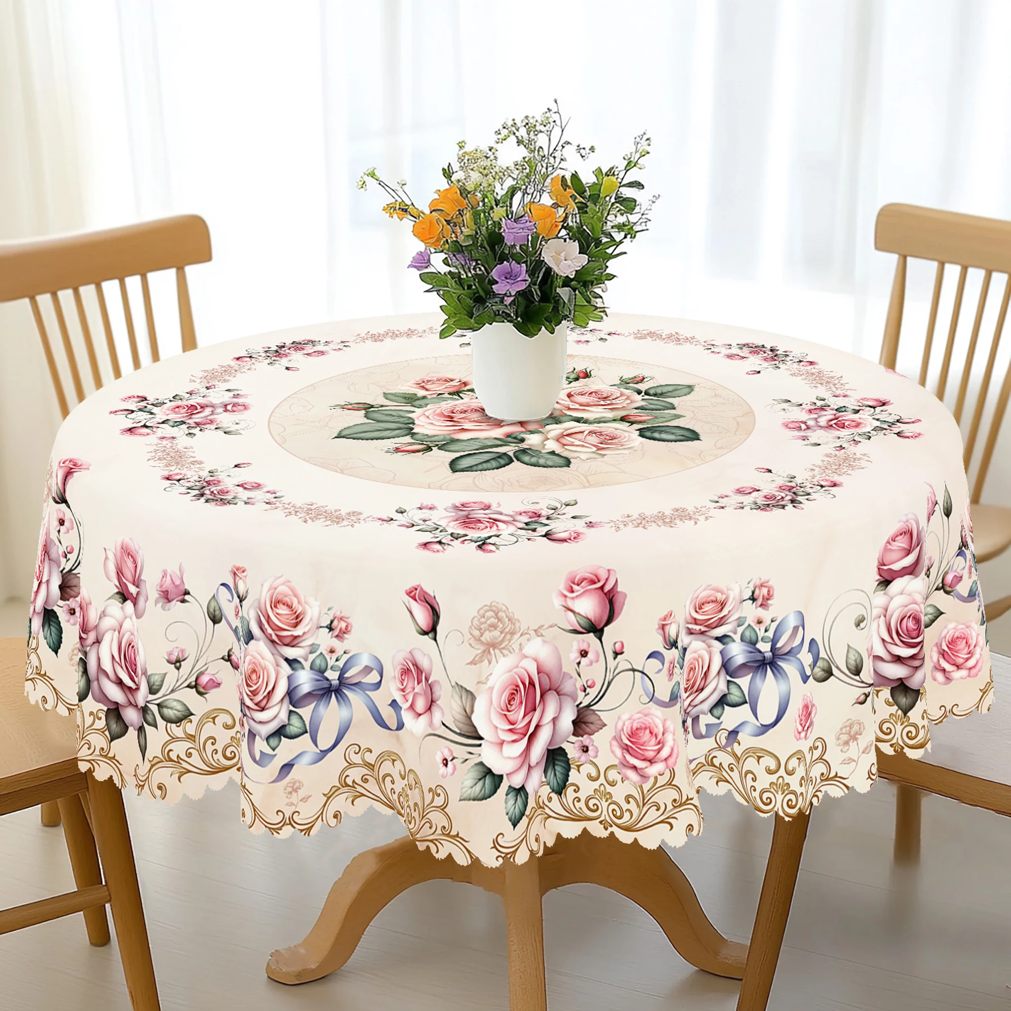 1 Stück runde Tischdecke mit Blumenmuster, erhältlich in 5 Größen, bedruckt mit Rosenmuster, mit geprägten Kanten, Tischdecke für Frühlingsgarten-Dekoration, geeignet für den täglichen Gebrauch in
