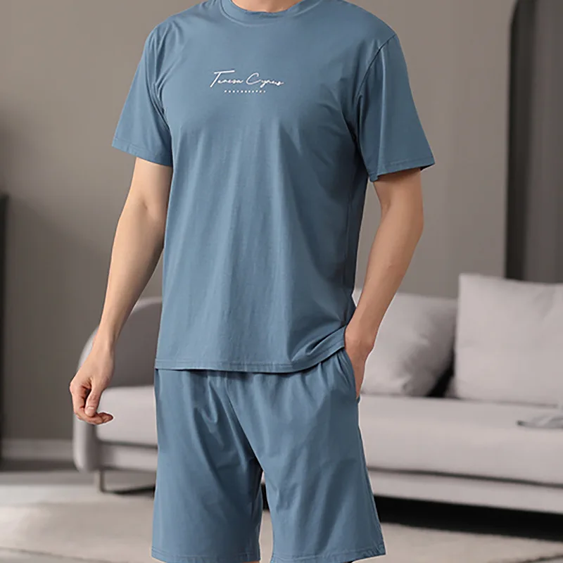 Men's Cotton Pajamas Summer Short Sleeved Shorts Set 2024 New Round Neck Casual Home Clothing Thin Style Nightshirt Insert Man