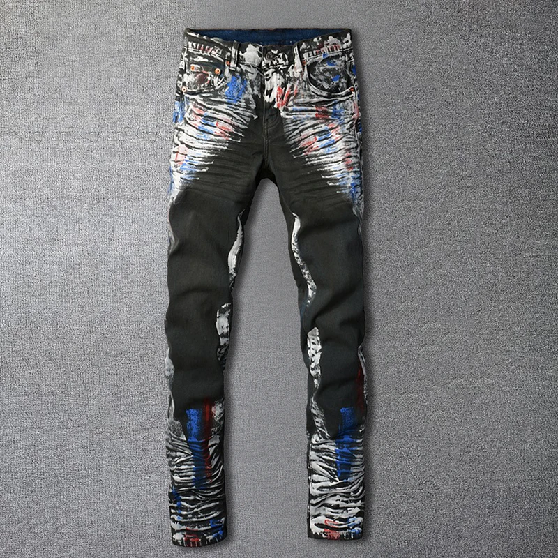 

Top Quality Retro Black Painted Heavy Industry Jeans Hip Hop Pants Streetwear Men Denim Punk Trousers Fashion Designer Men Jeans