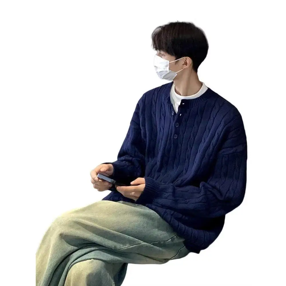 

Модный мужской вязаный свитер, свободный ленивый свитер с воротником Генри, осень-зима, модный корейский свитер с надписью