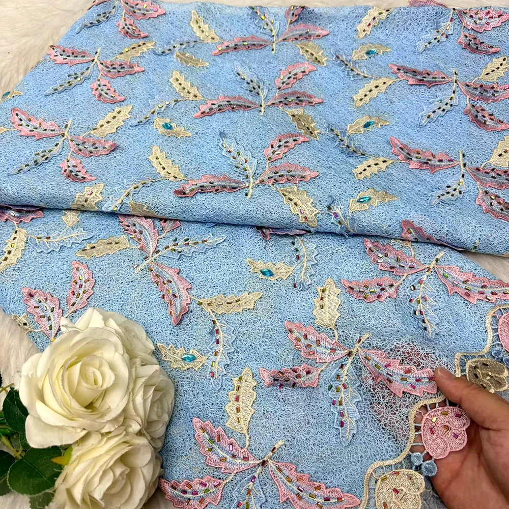 

2026 New African Nigerian High-Quality Cotton Wedding Tulle Lace Fabric Sequins Water Soluble 5 Yards for Party Dresses Sewing
