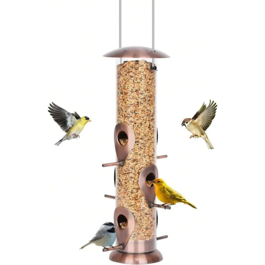 

【New Arrival】Copper Finish Tube Bird Feeder Hanging Wild Bird Seed Feeder with Multiple Perches