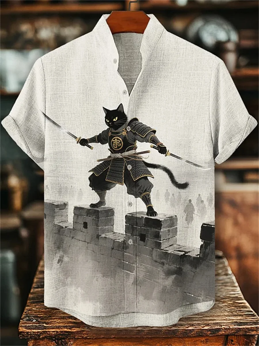 Men's ink-wash style samurai cat print short-sleeved shirt, stand-up collar casual men's top, outdoor casual Hawaiian shirt.