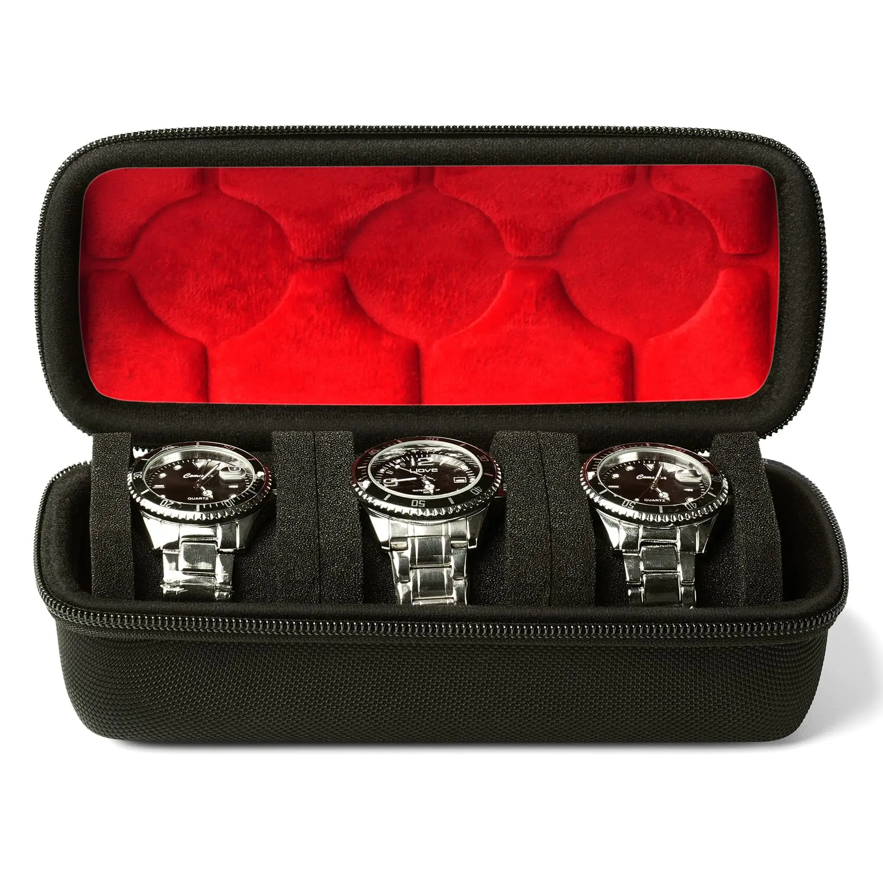 3 Slots Watch Travel Case, Travel Watch Organizer Case with Soft Foam Pillow, Durable Red Microfiber Lining,Sleek Des