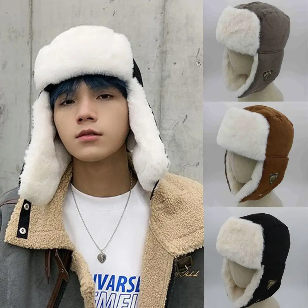 

Windproof Winter Bomber Hats Suede Fabric Ear Protection OutdoorsThick Balaclava Thickened Winter Ski Caps for Men