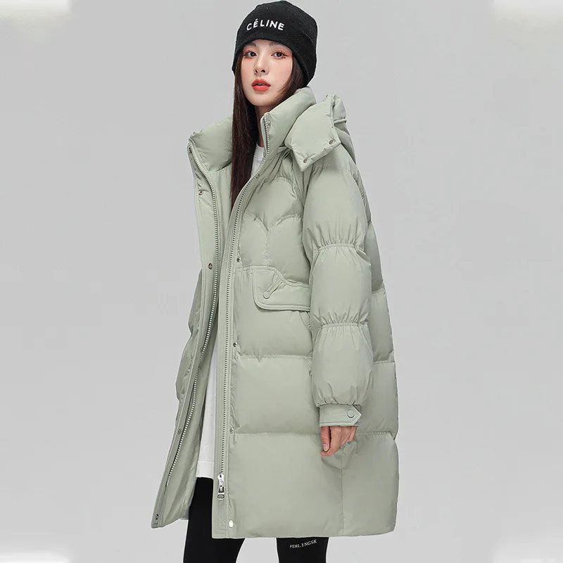 

New Winter Down Jackets for Women Fashion Thick Warm White Duck Down Jacket Loose Hooded Knee-Length Coat Casual Zipper Outwear