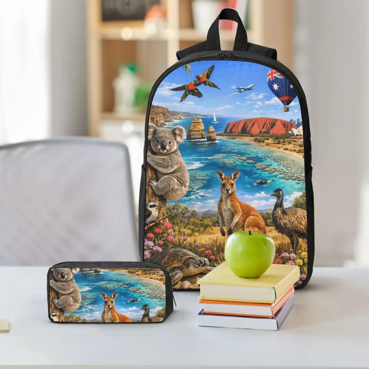 Australian Wildlife And Natural Scenery Backpack Student BookBag School Bag Shoulder Bags 3ps Insulated Lunch Bag Pencil Case