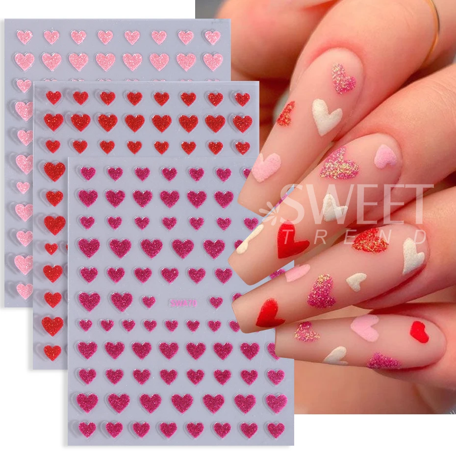 3 uds. De pegatinas 3D de corazón de amor con purpurina para uñas, calcomanías de lujo para uñas de amor rojo y rosa, deslizador adhesivo DIY, decoración de manicura romántica de San Valentín