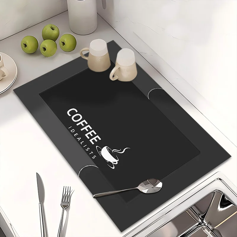 Black Coffee Idealist Dish Drying Mat Absorbent Quick Dry Washable Pad For Kitchen Counter Coffee Bar Home Use
