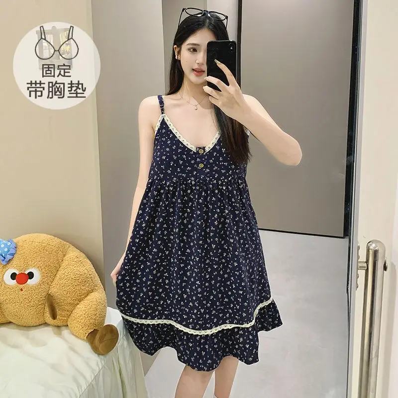 Korean Floral Print Nightgown with Chest Pad Summer Sleeveless Loose Pajamas Dress Bra Free Sleepwear Ruffle Sing Home Clothes
