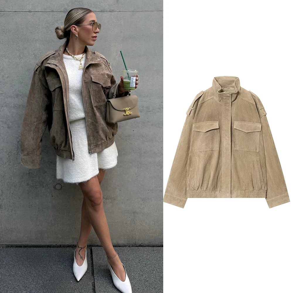 

Замшевая куртка для женщин, новое трендовое зимнее пальто, женская уличная одежда Y2K, винтажная куртка-бомбер, топ с длинными рукавами, верхняя одежда