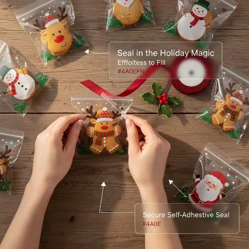 100pcs Christmas Self Adhesive Treat Bags Cute Printed Biscuit Snack Storage Bags for Holiday Baking Gift Packaging