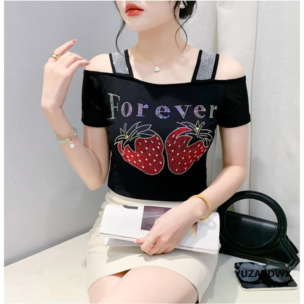 New Arrivals Shiny Strawberry Hot Diamonds T-shirt Sexy Off Shoulder Short Sleeve Women's Tops Summer Ladies Chic Mesh Tees