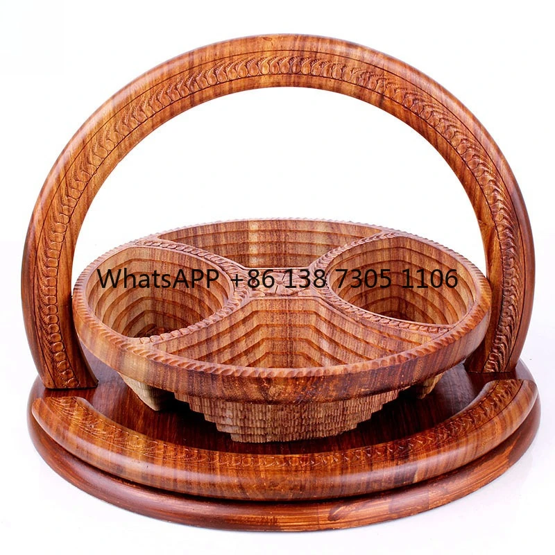 

Pakistan wood carving basket walnut dried fruit basket four grid antique folding classification snack plate