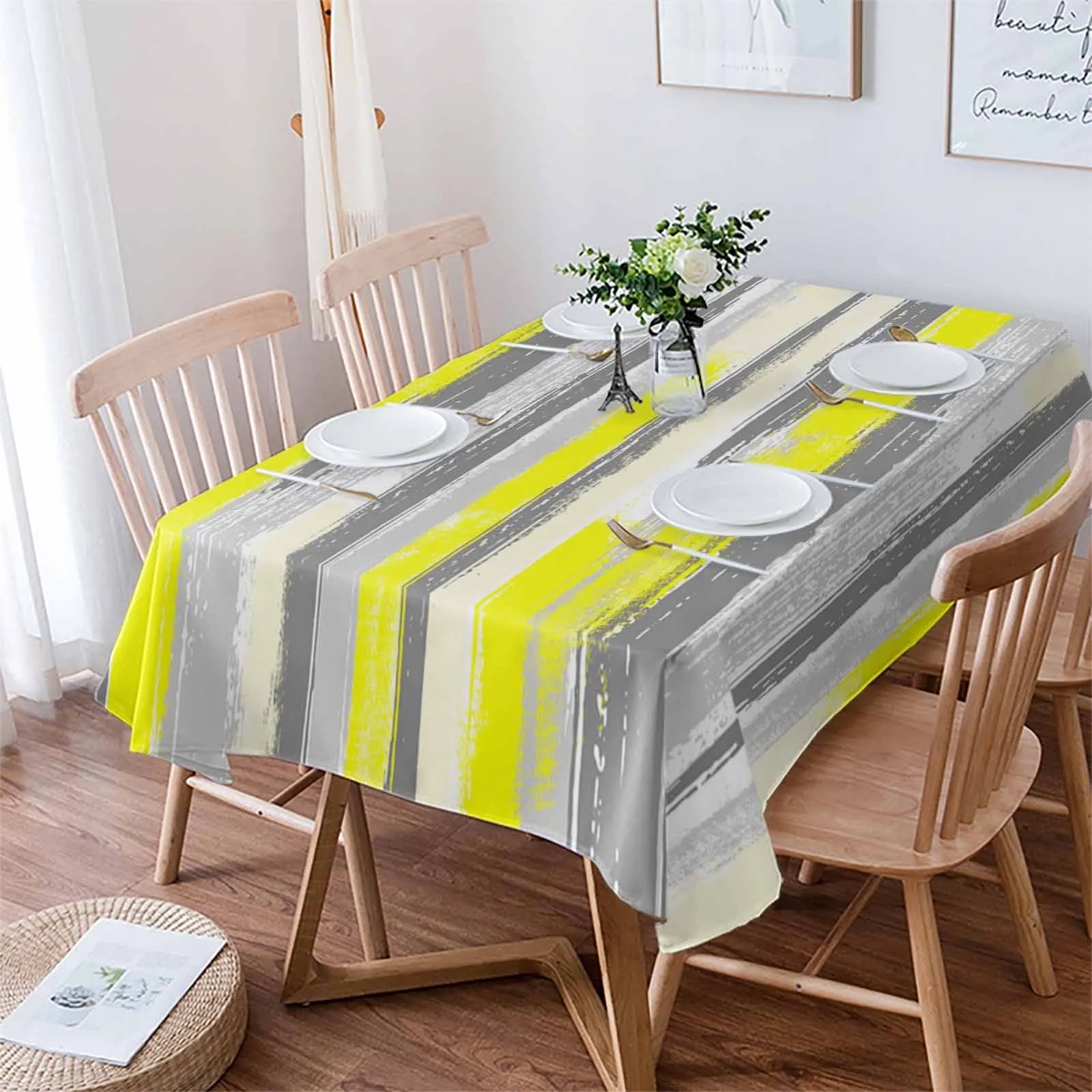 Geometric Line Brush Yellow Gray Tablecloth Waterproof Dining Table Rectangular Round Tablecloth Home Kitchen Decoration