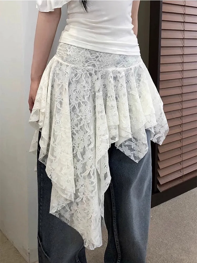 화이트 레이스 비대칭 하프 스커트 여성 가을 ​​겨울 새 스타일 계층화 된 착용 가짜 헴 라인 커튼 스커트 a 라인 짧은 드레스