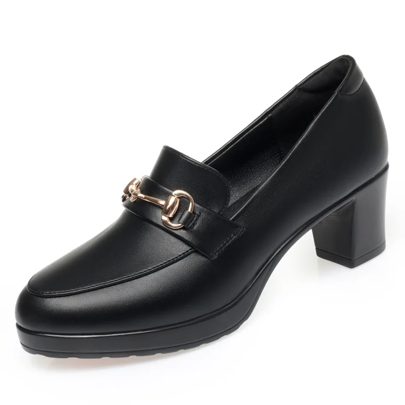 Women High Heels Platform Pumps Spring Autumn New Fashion Metal Buckle Black Office Shoes Woman Soft Leather Shoes Femme