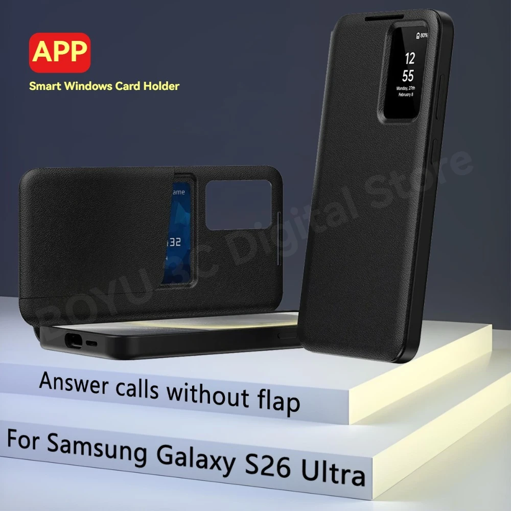 

Кожаный чехол для телефона с умным окном и слотом для карты Samsung S26 S25 Edge S24 S23 FE S22 Ultra Plus A55 A56 A17 A26 Wallet Cover