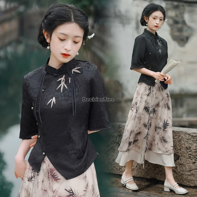 

2024 new chinese style bamboo pattern stand collar cheongsam top long double-deck skirt summer elegant tang suit two-piece set