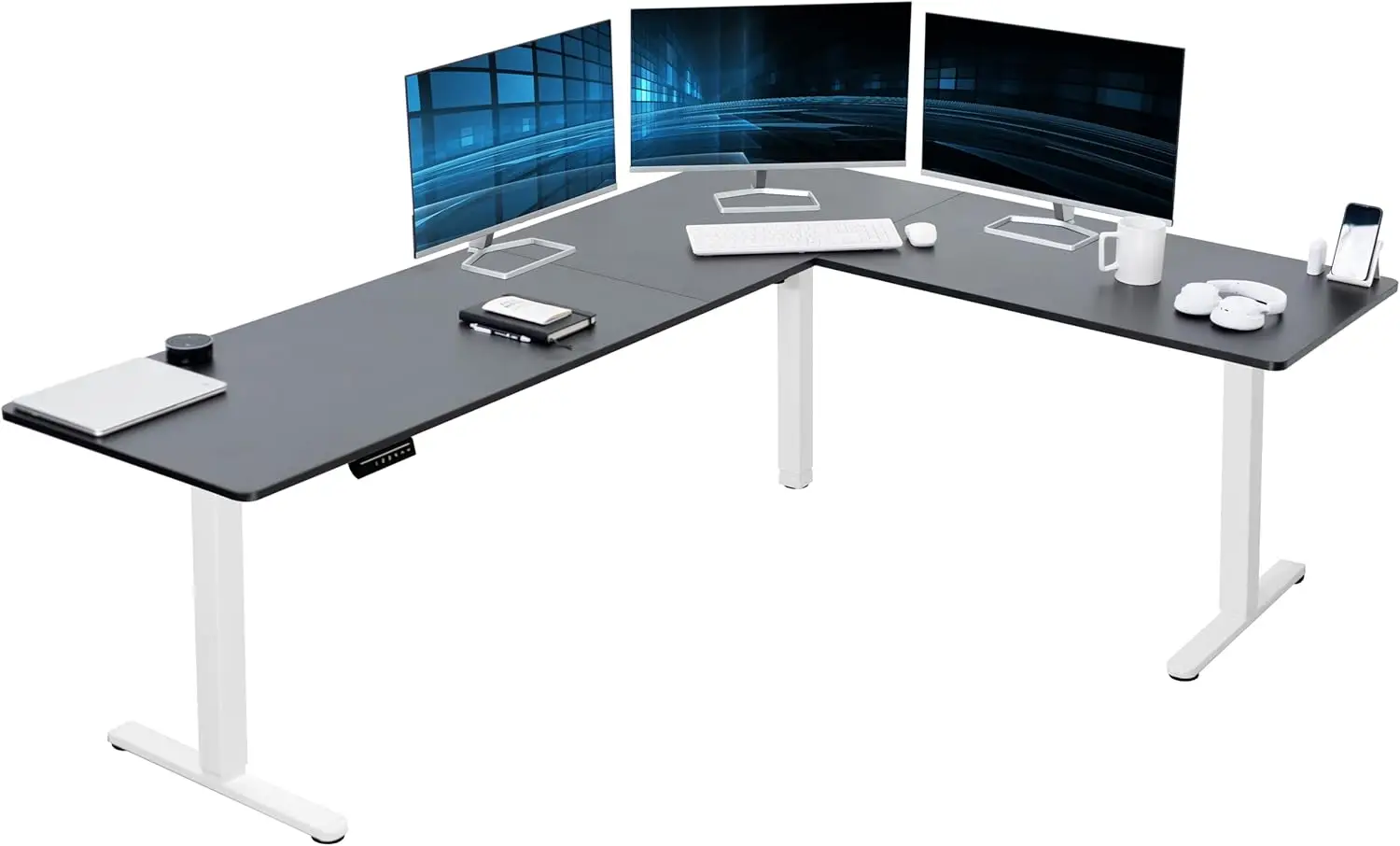 

Electric L-shaped 84 x 63 inch standing desk with adjustable height, memory controller, black top and white frame