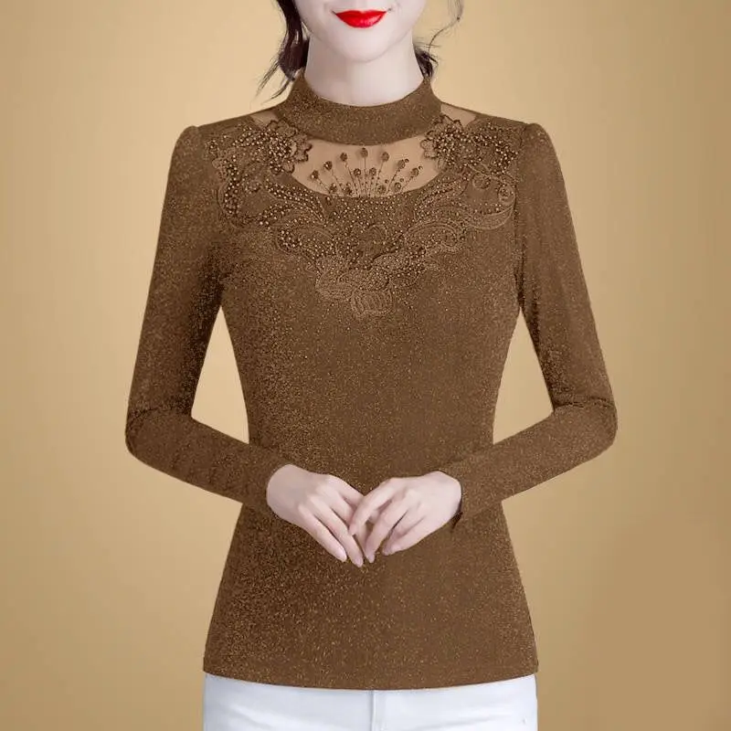 2023 Autumn and Winter Women\'s New Fashion Mesh Solid Bottom Small Shirt Casual and Comfortable Versatile Lace Thin Top