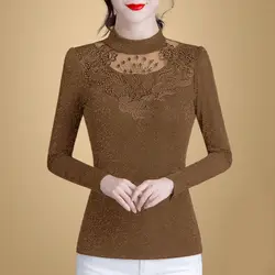 2023 Autumn and Winter Women's New Fashion Mesh Solid Bottom Small Shirt Casual and Comfortable Versatile Lace Thin Top