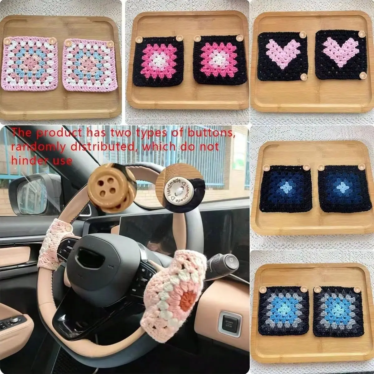 2Pc Hand Woven Car Steering Wheel Cover, Finished Woven Steering Wheel Cover, Cute Sunflower Pattern Woven Steering Wheel Cover,