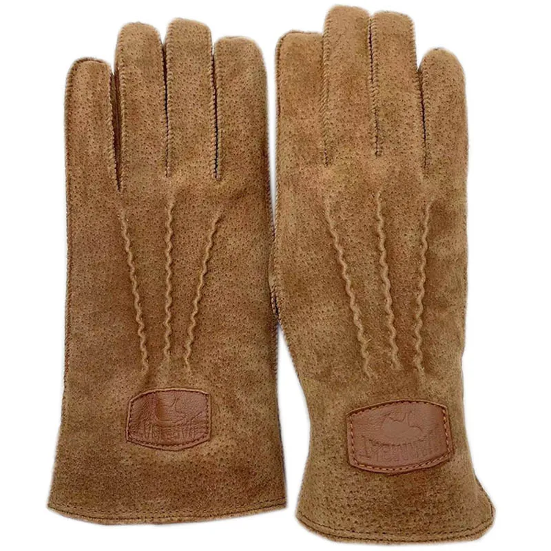 Guantes de invierno de cuero de moda para hombres y mujeres 2024 Nueva Luz de cuero marrón genuino de pelo de coser a máquina Guantes de cuero de las mujeres de invierno cálido de conducción al aire libre Guantes contr