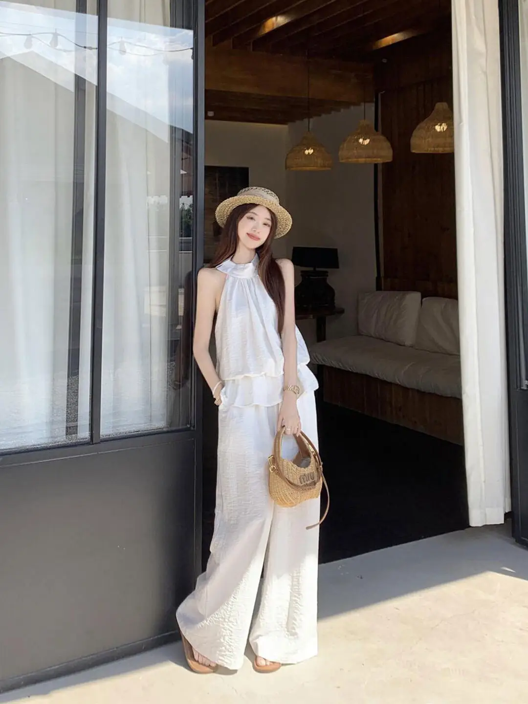 

Summer Casual High Waist Wide Leg Pants Set Women's Sleeveless Top Outerwear Floral Lace Hem Two Piece Set Commute Style