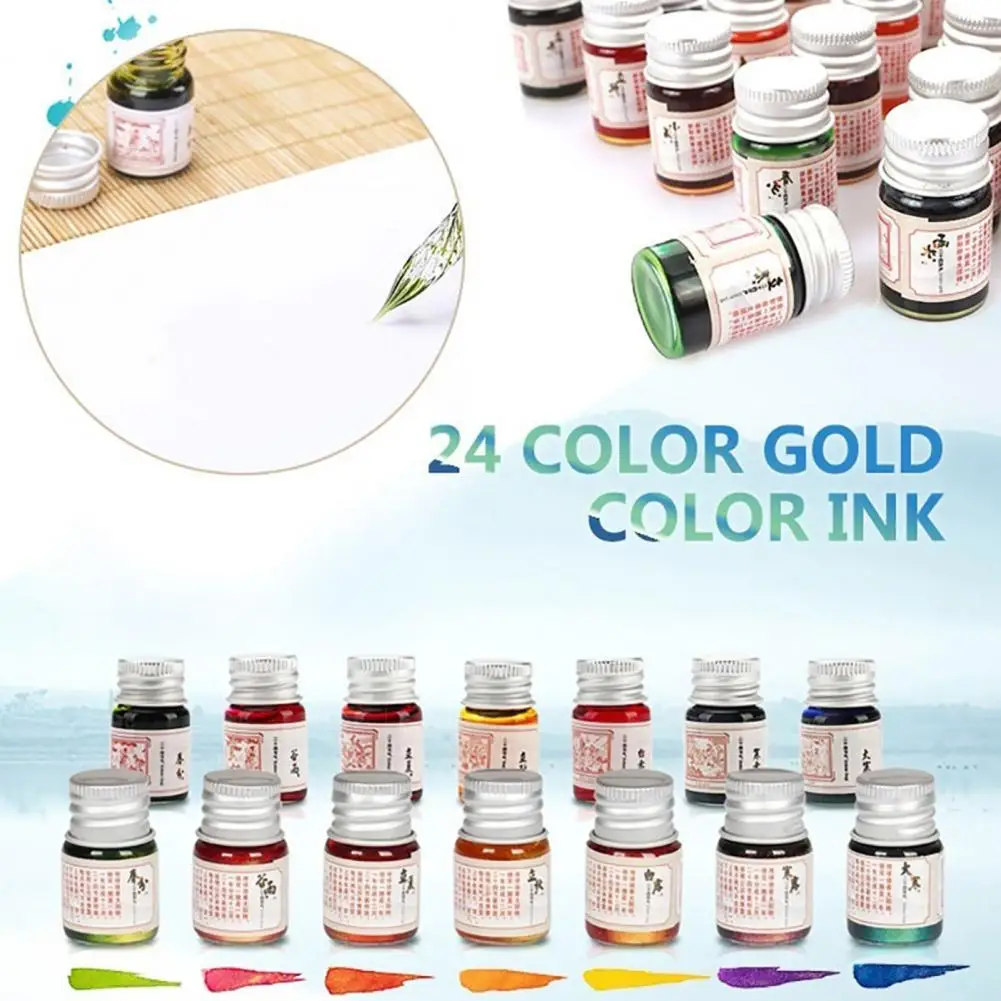 Painting Ink for Writing Pen Ink Glass Bottle 24 Colors Smooth Writing Colorful for Writing