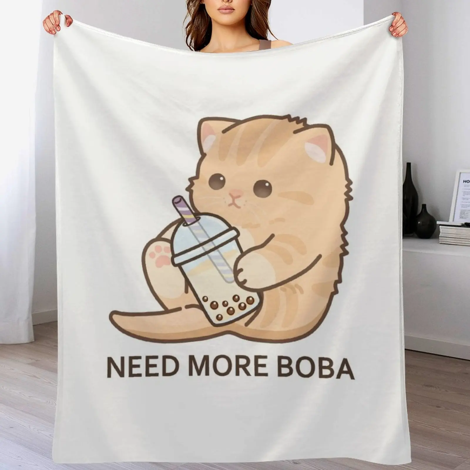 Baby Kitten Needs More Boba! Throw Blanket Cute Nap Blankets