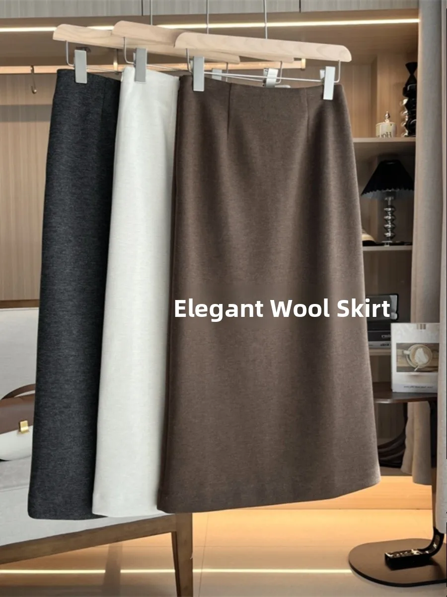 

Exquisite Mid-Length Woolen Skirt Women's Thiened Draped A-Line f-length Skirts Faionable And High-densi Split Design