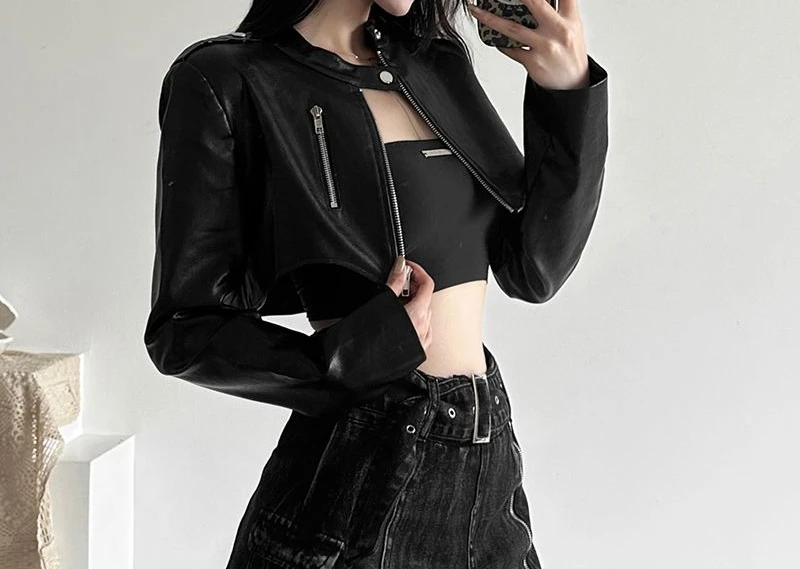 Retro Hottie Ultra-short Cool Short Jacket Women's Chic Unique Temperament Shawl Pu Leather Jacket