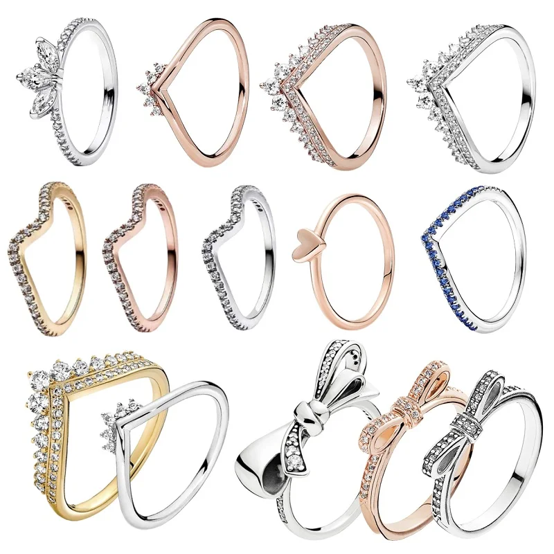 High quality 100%925 Sterling Silver Ring Sparkly Crown Bow Birthday Romantic Ring suitable for ladies banquet fine jewelry