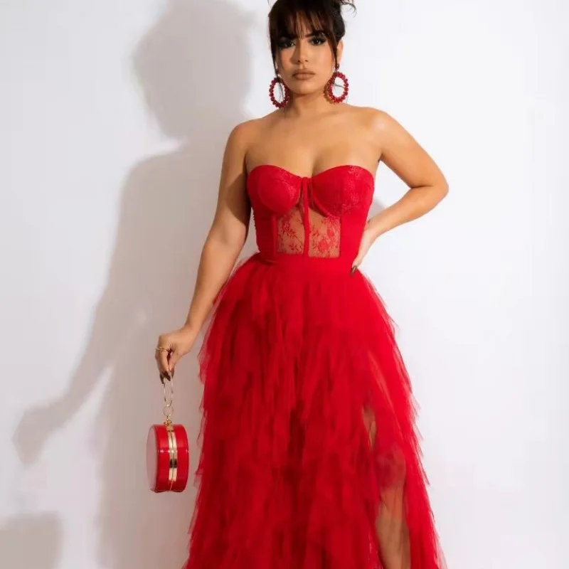 

Summer Mid-Length Lace Bodycon Off-Shoulder Dress Red Trendy Sexy Sheer Adult Evening Dress