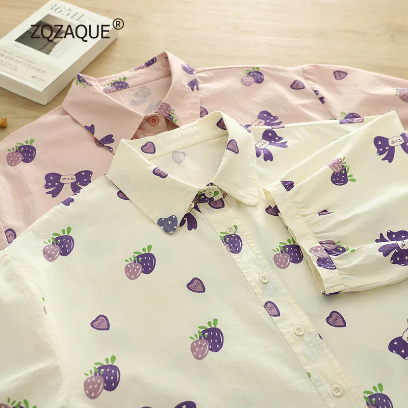 

100% Cotton Short Sleeve Summer Shirt for Women Cute Kawaii Strawberry Pattern All-match Casual Tops Stylish Clothing S097