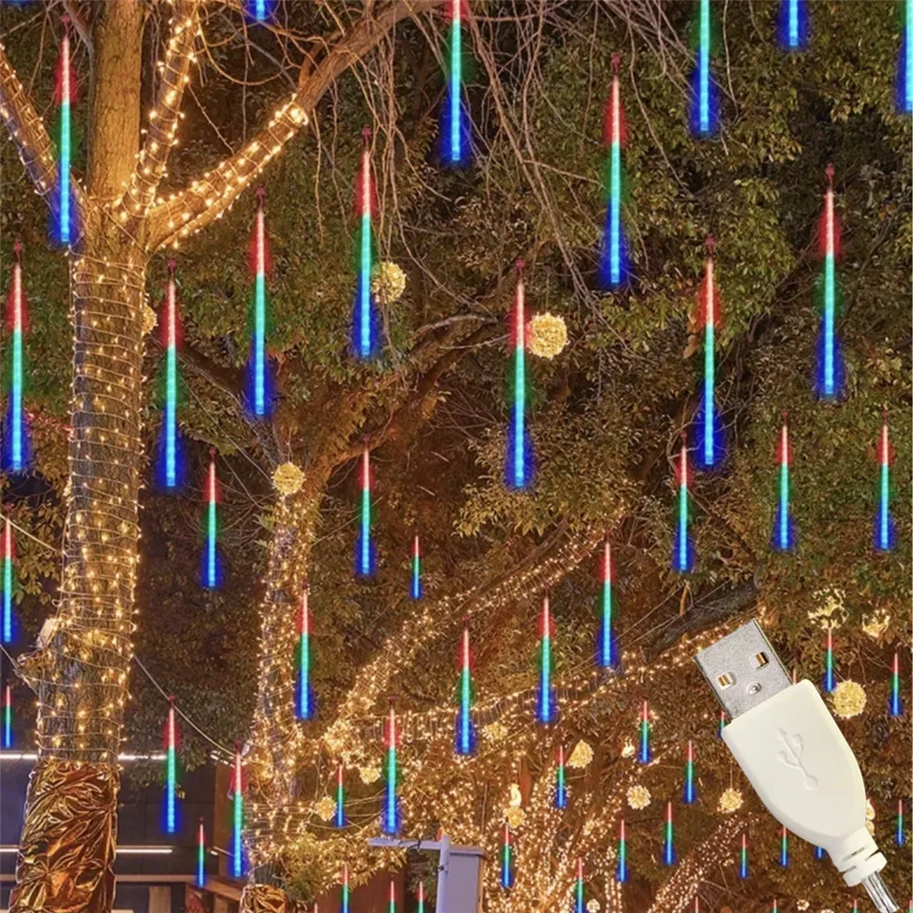 8 أنابيب النيزك دش المطر أضواء USB Powere مقاوم للماء 30 سنتيمتر LED سلسلة أضواء أضواء ديكور حديقة شجرة حفل زفاف الديكور