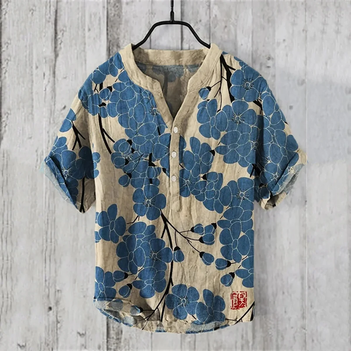 Chemise en lin à manches courtes pour hommes, impression 3D HD, rétro artistique décontracté, chemise à col en V, nouvelle série de fleurs, printemps et été